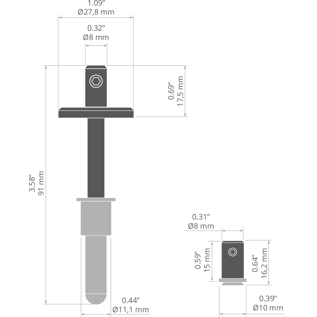 KLUŚ Befestigungsset FI-8-MR-1, silbern, rostfreier Stahl, Aluminium – technische Zeichnung / Maße