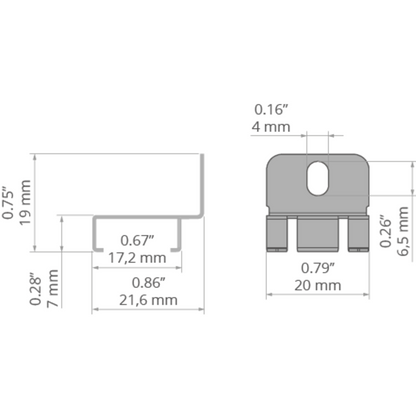 KLUŚ Befestigungsclip PDS-STN-90G, silbern, rostfreier Stahl – technische Zeichnung / Maße