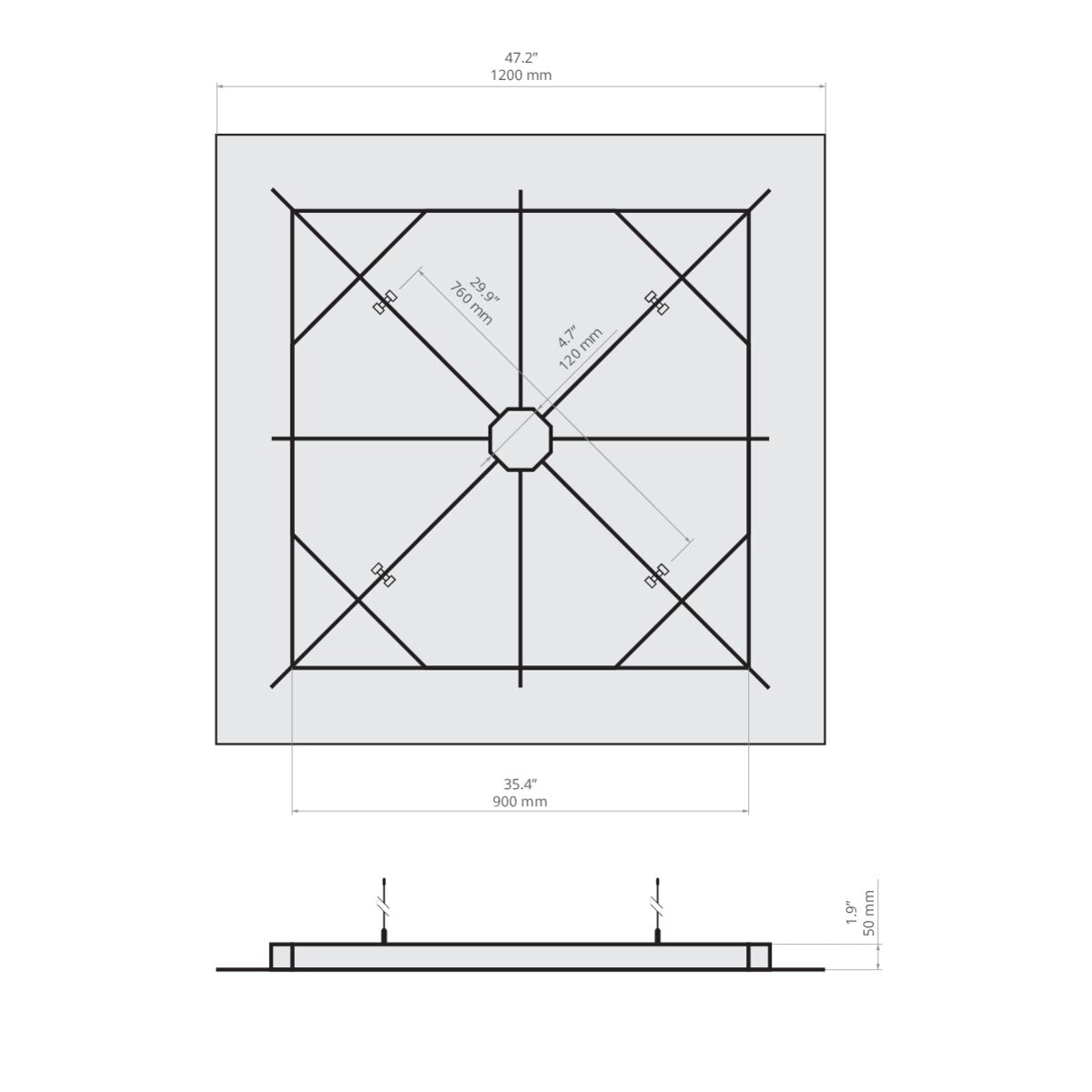 KLUŚ Aufhängungsbasis SQ suspendiert – technische Zeichnung / Maße