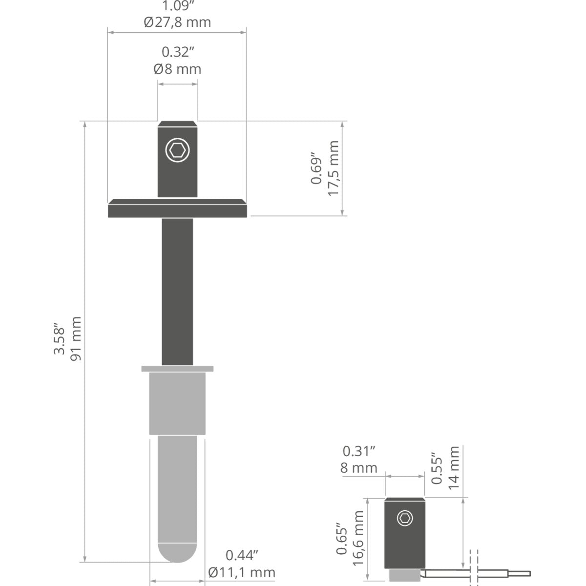 KLUŚ Befestigungsset FI-8-ZM-1, schwarz, rostfreier Stahl, Aluminium – technische Zeichnung / Maße